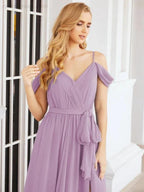 Numbersea Off The Shoulder Chiffon Bridesmaid Dress Long Formal Graduation Gown with Cowl Back 28069