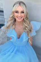 A Line V Neck Organza Ruffles Homecoming Dress