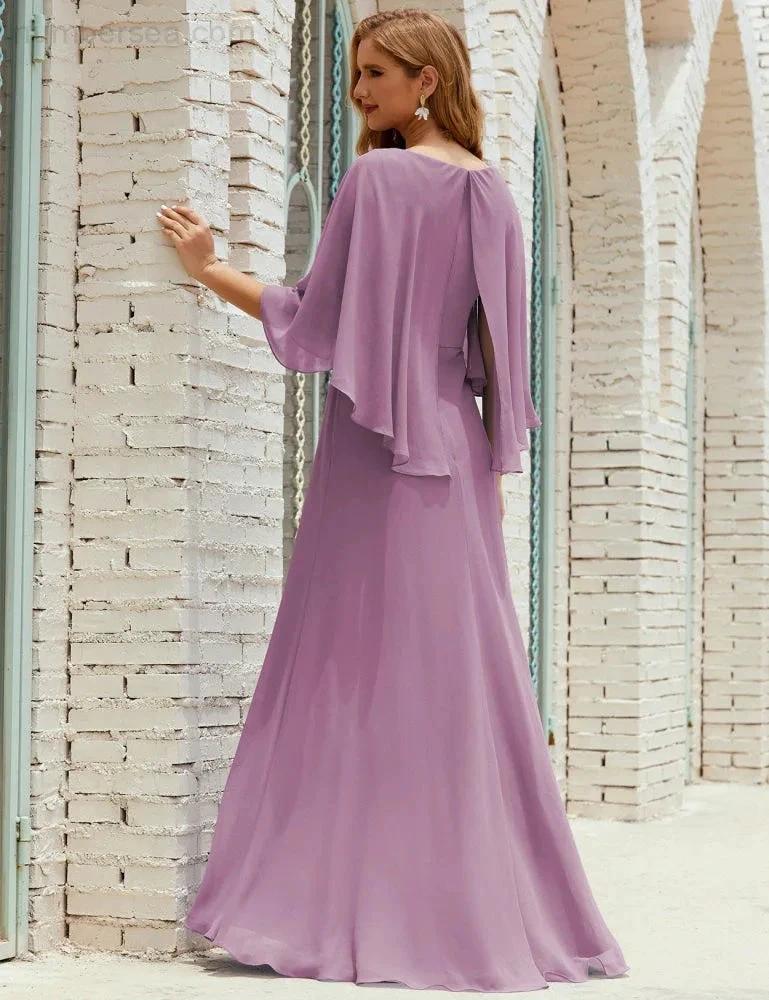 Sunnderly  Bridesmaid Dress Women Long Sleeve V-Neck Chiffon Formal Wedding Party Dress SY28018
