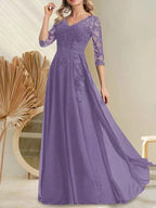A-line V-Neck Floor-Length Lace Chiffon Mother of the Bride Dress With Sequins