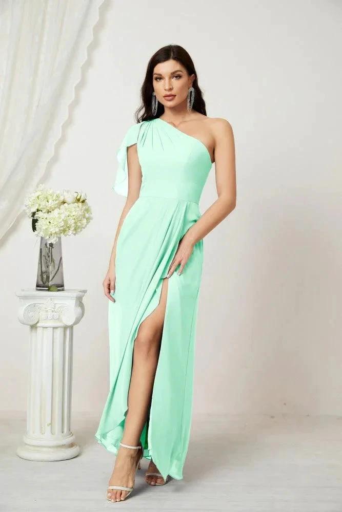 Numbersea  Chiffon Ruffled One Shoulder Long Bridesmaid Dresses A-line Formal Evening Gown Side Split 2809