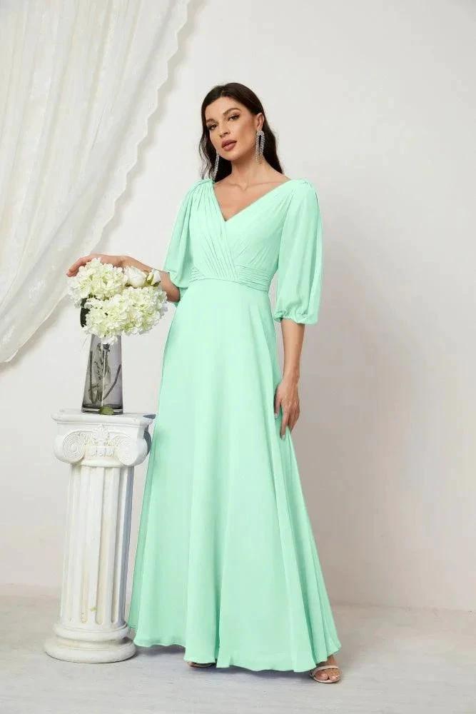 Numbersea  Formal Prom Gown Women V-Neck Chiffon Bridesmaid Dresses Long Bishop Sleeve Party Dress 2807