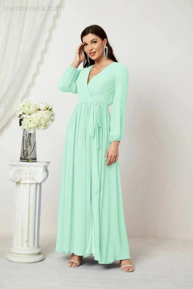 Sunnderly Evening Dresses Deep V-Neck Chiffon Bridesmaid Dresses Long Bishop Sleeve Side Split Formal Dress SY2806