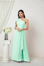 Numbersea  Chiffon Ruffled One Shoulder Long Bridesmaid Dresses A-line Formal Evening Gown Side Split 2809