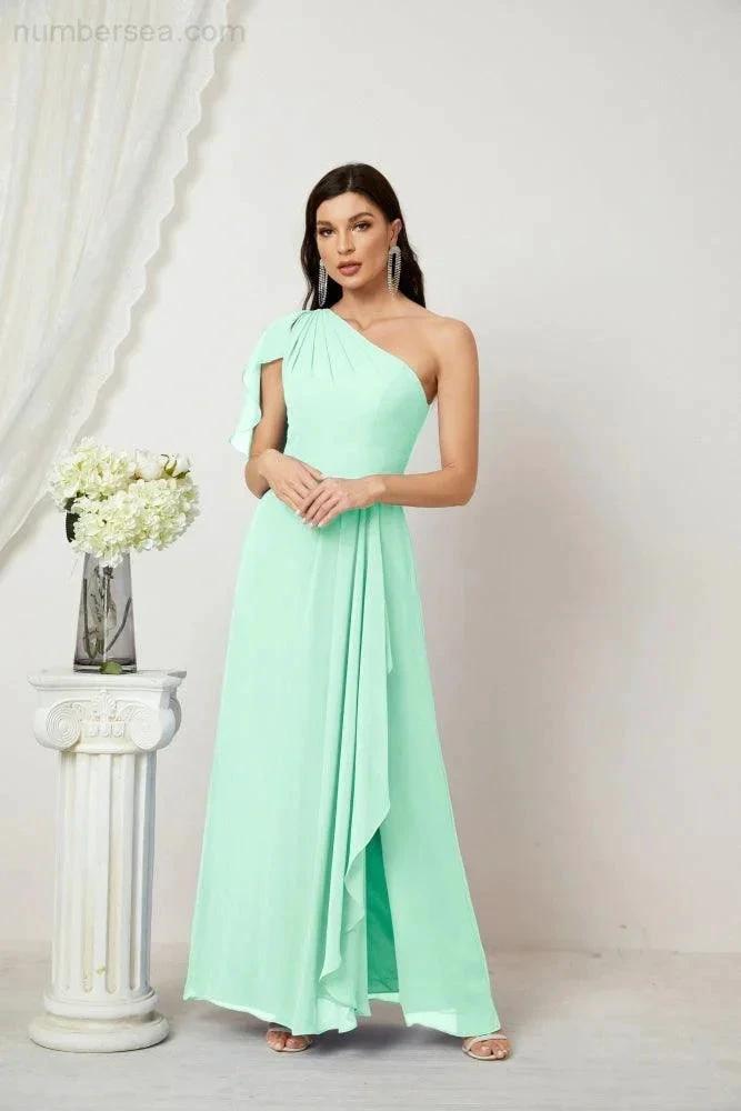 Numbersea  Chiffon Ruffled One Shoulder Long Bridesmaid Dresses A-line Formal Evening Gown Side Split 2809