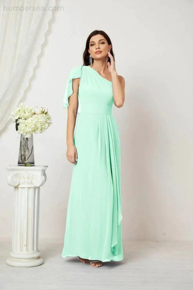 Numbersea  Chiffon Ruffled One Shoulder Long Bridesmaid Dresses A-line Formal Evening Gown Side Split 2809