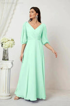 Numbersea  Formal Prom Gown Women V-Neck Chiffon Bridesmaid Dresses Long Bishop Sleeve Party Dress 2807