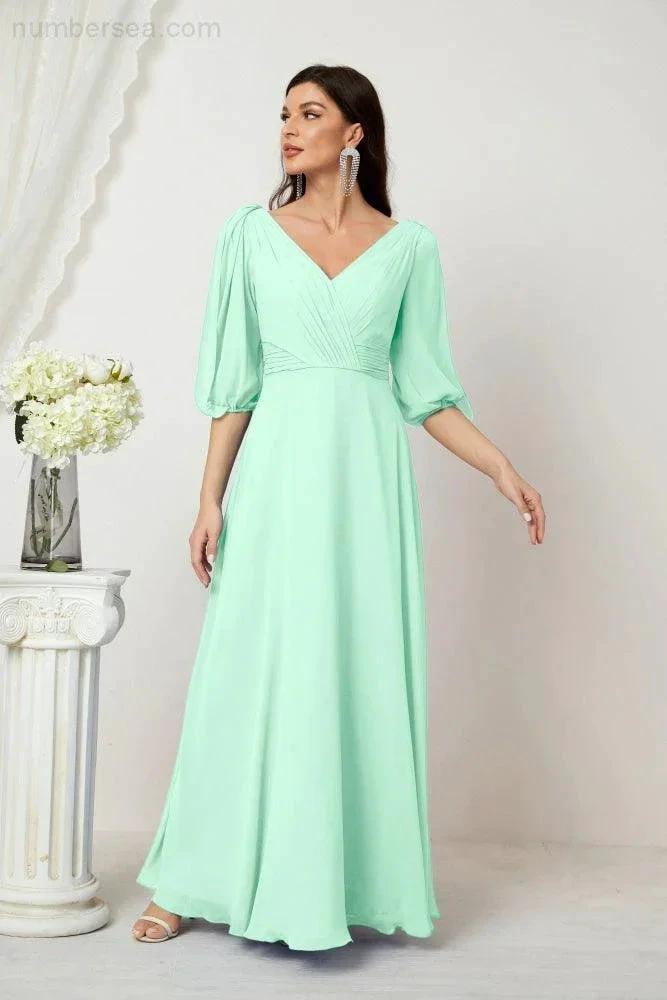 Numbersea  Formal Prom Gown Women V-Neck Chiffon Bridesmaid Dresses Long Bishop Sleeve Party Dress 2807