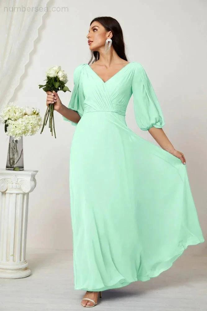 Numbersea  Formal Prom Gown Women V-Neck Chiffon Bridesmaid Dresses Long Bishop Sleeve Party Dress 2807