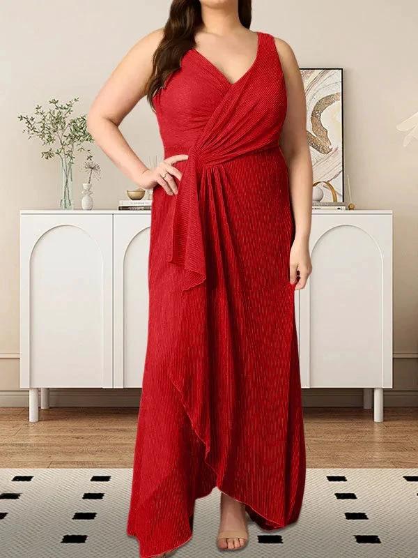 A-Line V-Neck Ruched Metallic Mesh Dress