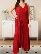 A-Line V-Neck Ruched Metallic Mesh Dress