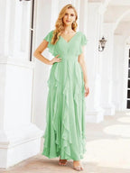 Ruffled Bridesmaid Dresses with Sleeves Long Formal Party Dress 28041