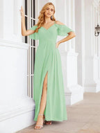 Numbersea Cold Shoulder Long Bridesmaid Dresses Side Slit Formal Prom Gowns Party Wedding 28070