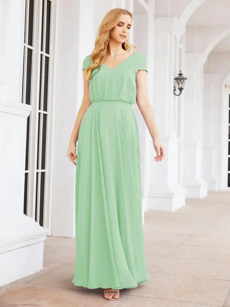 Numbersea V-Neck Bridesmaid Dresses Long Cap Sleeves Prom Evening Formal Gowns 28071