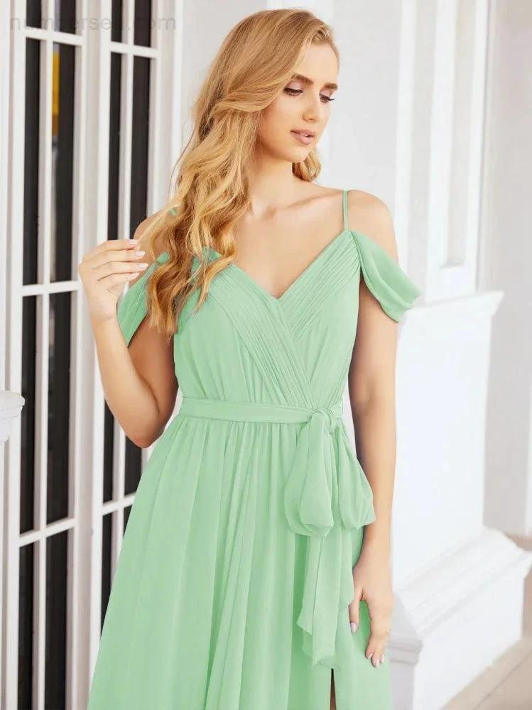 Numbersea Off The Shoulder Chiffon Bridesmaid Dress Long Formal Graduation Gown with Cowl Back 28069