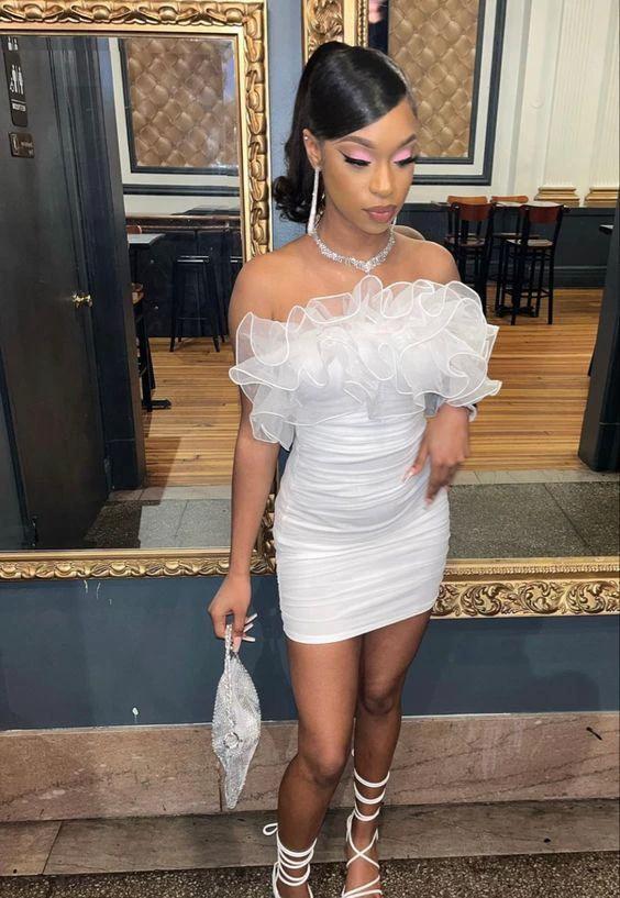 White Short Homecoming Dress With Ruffles Sexy Hoco Dresses Y334