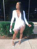 Solid Plunge Fluffy Irregular Party Dress White Dresses Sexy White Homecoming Dress Y332