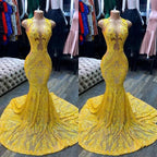 Yellow Long V-neck Sleeveless Sequins Lace Mermaid Prom Dress