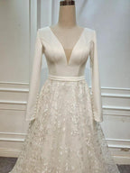 A Line Elegant Long Sleeves V Neck Beach Wedding Dress Bridal Gown  WD551