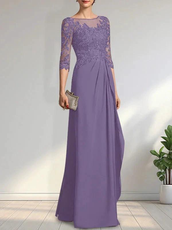 A-line Scoop Illusion Floor-Length Chiffon Lace Mother of the Bride Dress With Beading Sequins Cascading Ruffles