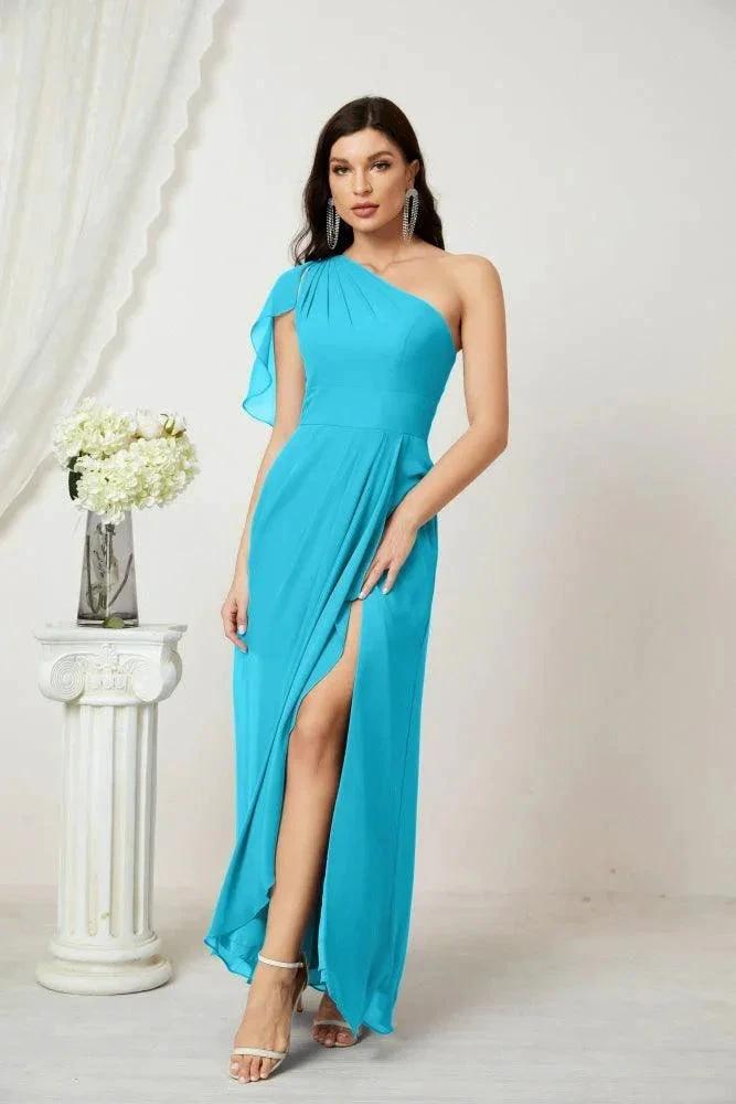 Numbersea  Chiffon Ruffled One Shoulder Long Bridesmaid Dresses A-line Formal Evening Gown Side Split 2809