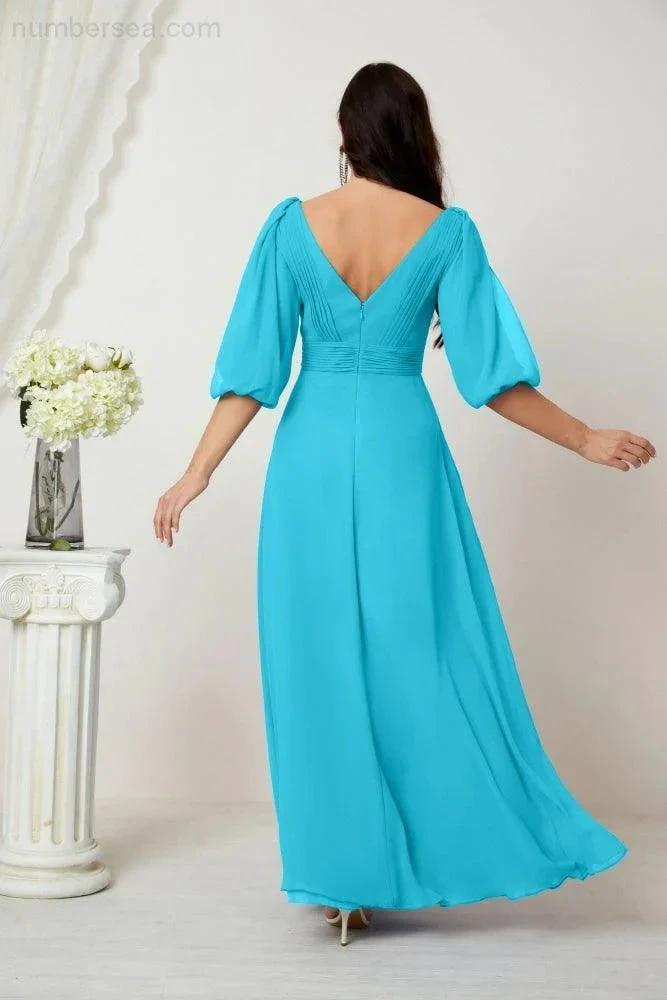 Numbersea  Formal Prom Gown Women V-Neck Chiffon Bridesmaid Dresses Long Bishop Sleeve Party Dress 2807