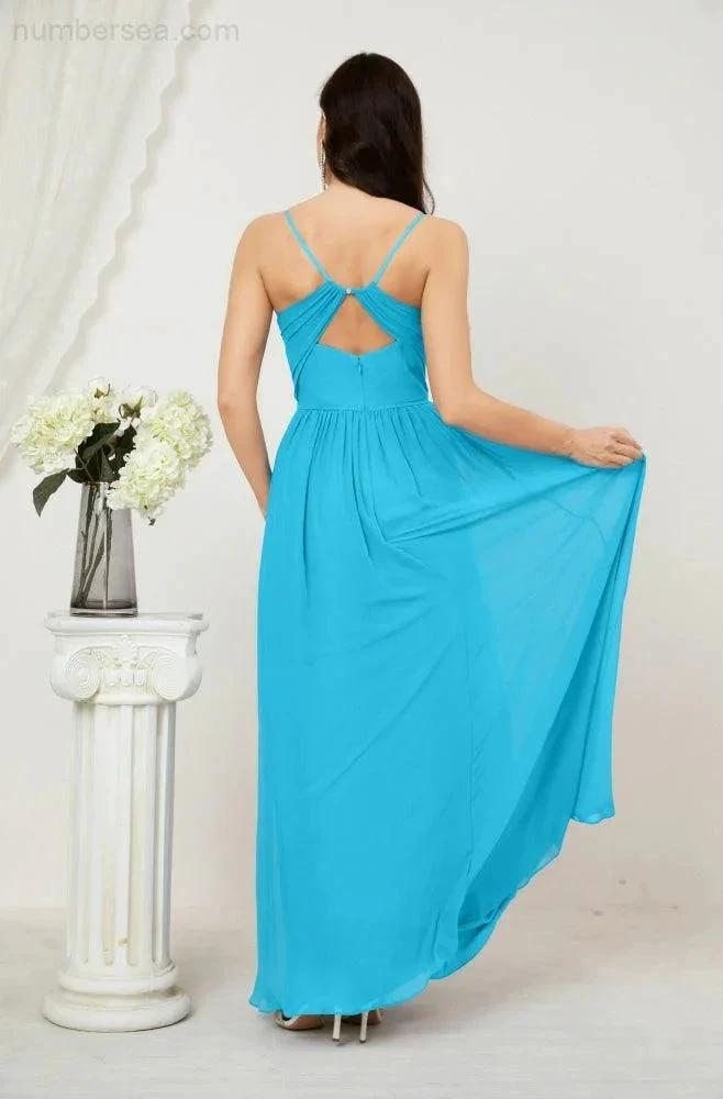 Numbersea  Neck Bridesmaid Dresses Chiffon Long Spaghetti A-line Formal Prom Gown for Wedding Party Evening 2801
