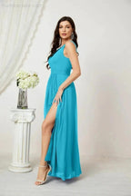 Numbersea Chiffon V-Neck Bridesmaid Dress Spaghetti Strap Long Formal Party Prom Gowns with Slit 28010