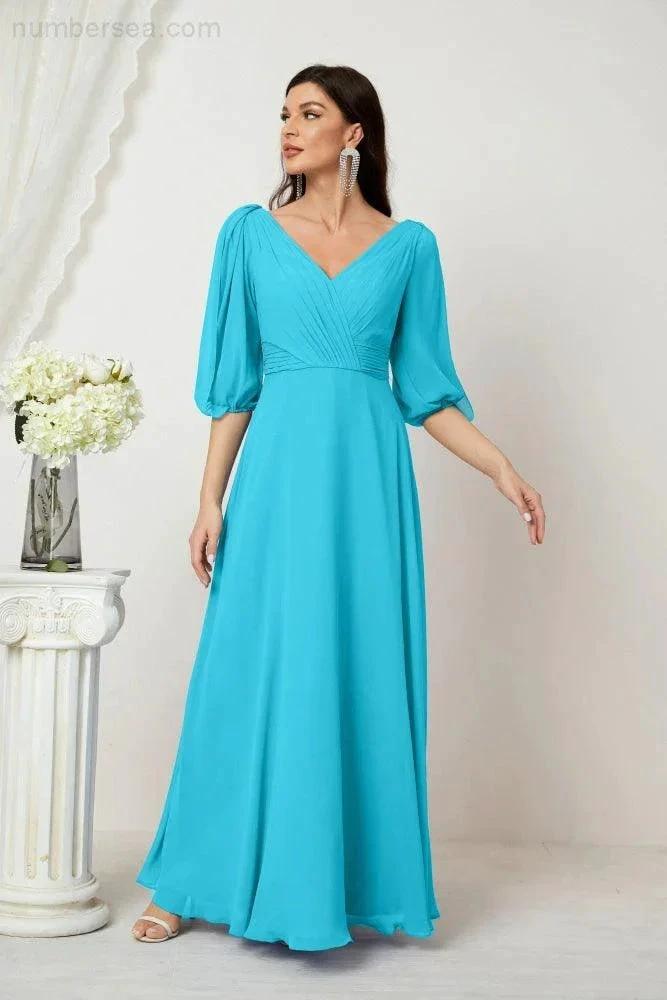 Numbersea  Formal Prom Gown Women V-Neck Chiffon Bridesmaid Dresses Long Bishop Sleeve Party Dress 2807