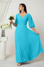 Numbersea  Formal Prom Gown Women V-Neck Chiffon Bridesmaid Dresses Long Bishop Sleeve Party Dress 2807