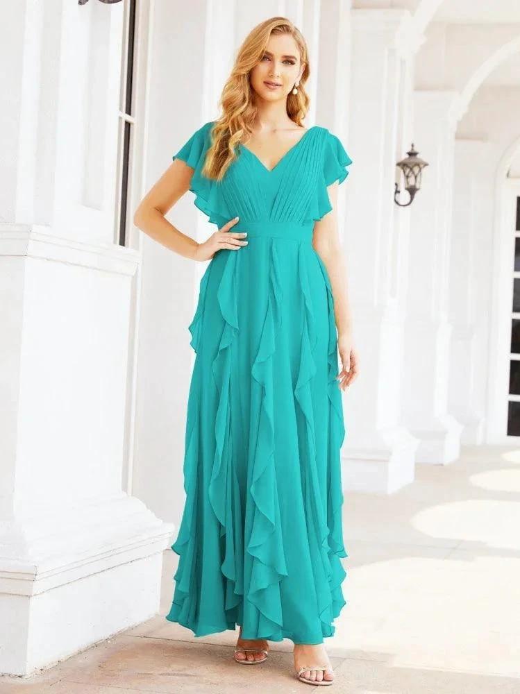 Ruffled Bridesmaid Dresses with Sleeves Long Formal Party Dress 28041