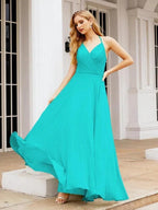 Numbersea Halter Chiffon Bridesmaid Dresses Wedding Appare Sleeveless Formal Prom Dress with Ruffled Back 28035