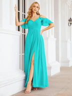 Numbersea Cold Shoulder Long Bridesmaid Dresses Side Slit Formal Prom Gowns Party Wedding 28070