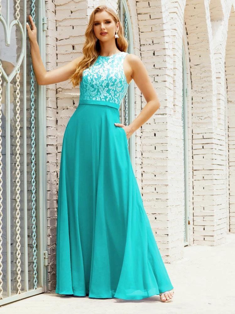 Lace Bridesmaid Dress Floor Length Evening Gowns with Pockets 28017