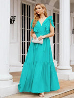 Numbersea Women's Open Back Formal Evening Party Prom Gowns V-Neck Long Chiffon Bridesmaid Dresses with Waist Belt 28038
