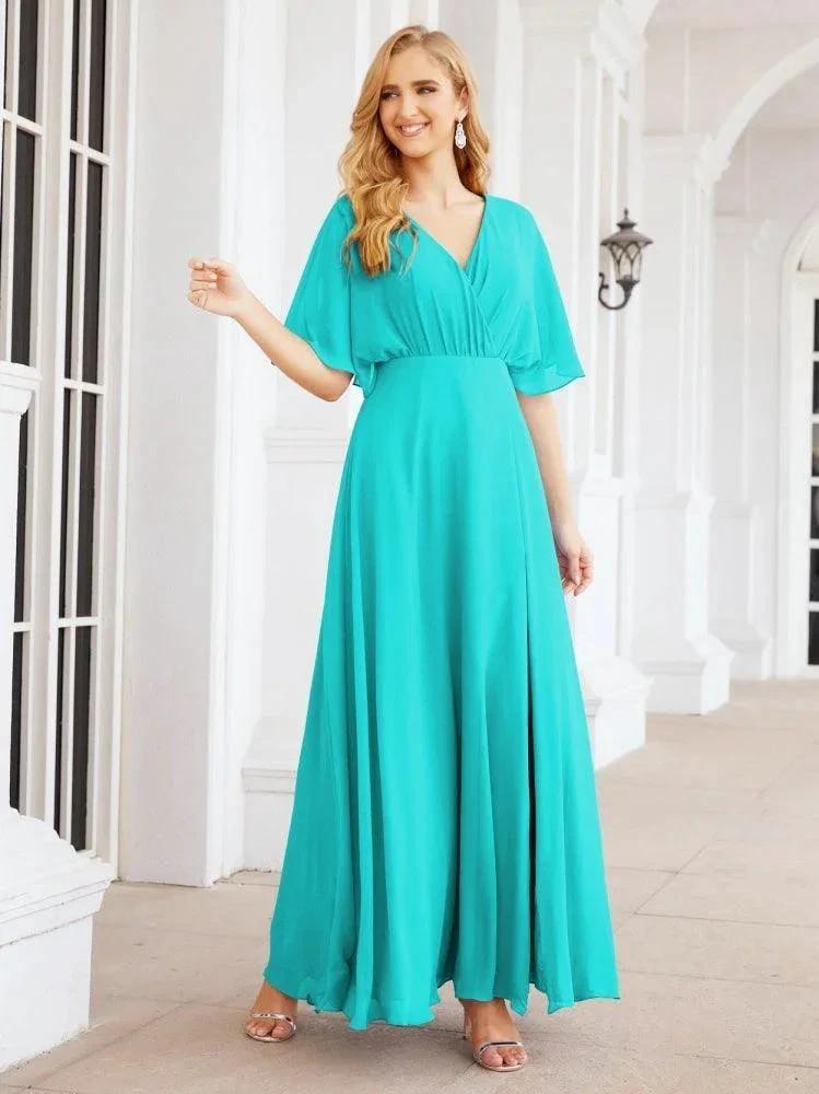 Numbersea V-Neck Bridesmaid Dress Chiffon Long Open Back Formal Dresses for Women Party Evening 28067