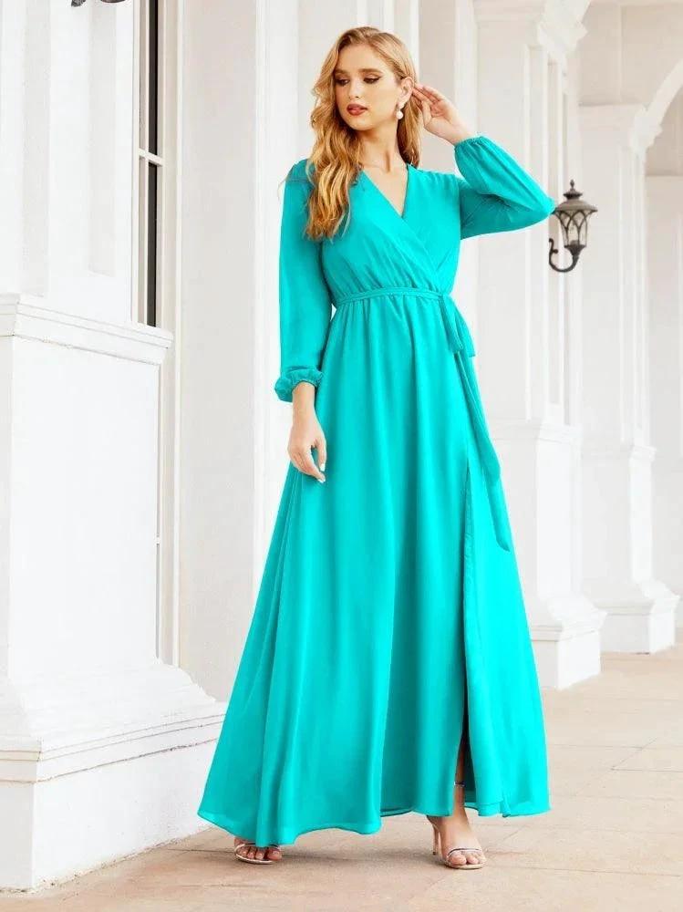 Sunnderly Women's Chiffon Bridesmaid Dress A line Long Sleeves Formal Evening Prom Gown for Wedding Guest SY28032