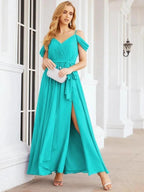 Numbersea Off The Shoulder Chiffon Bridesmaid Dress Long Formal Graduation Gown with Cowl Back 28069