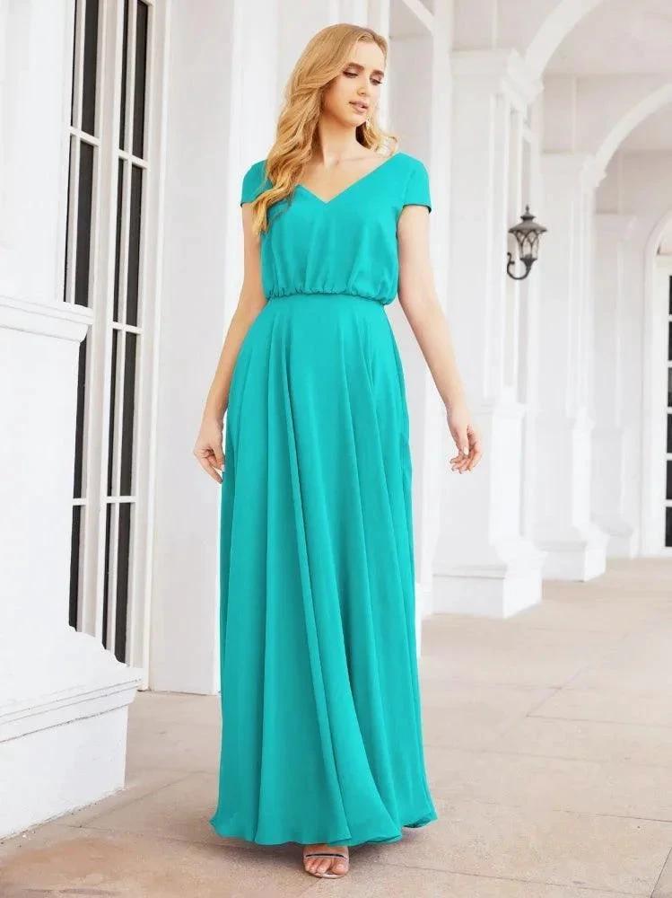 Numbersea V-Neck Bridesmaid Dresses Long Cap Sleeves Prom Evening Formal Gowns 28071