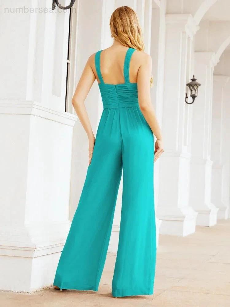 Numbersea Crisscross Neck Jumpsuit Formal Evening Dress Long Bridesmaid Dresses Bell-bottomed Pants 28033