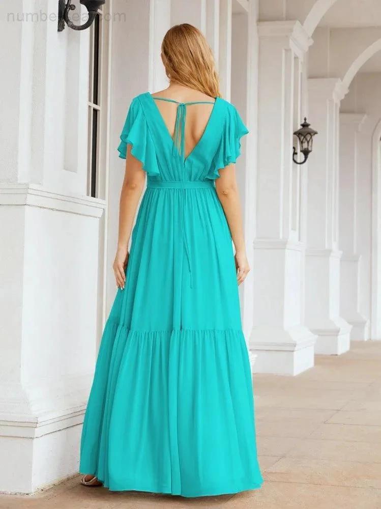 Numbersea Women's Open Back Formal Evening Party Prom Gowns V-Neck Long Chiffon Bridesmaid Dresses with Waist Belt 28038