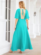 Numbersea V-Neck Bridesmaid Dress Chiffon Long Open Back Formal Dresses for Women Party Evening 28067