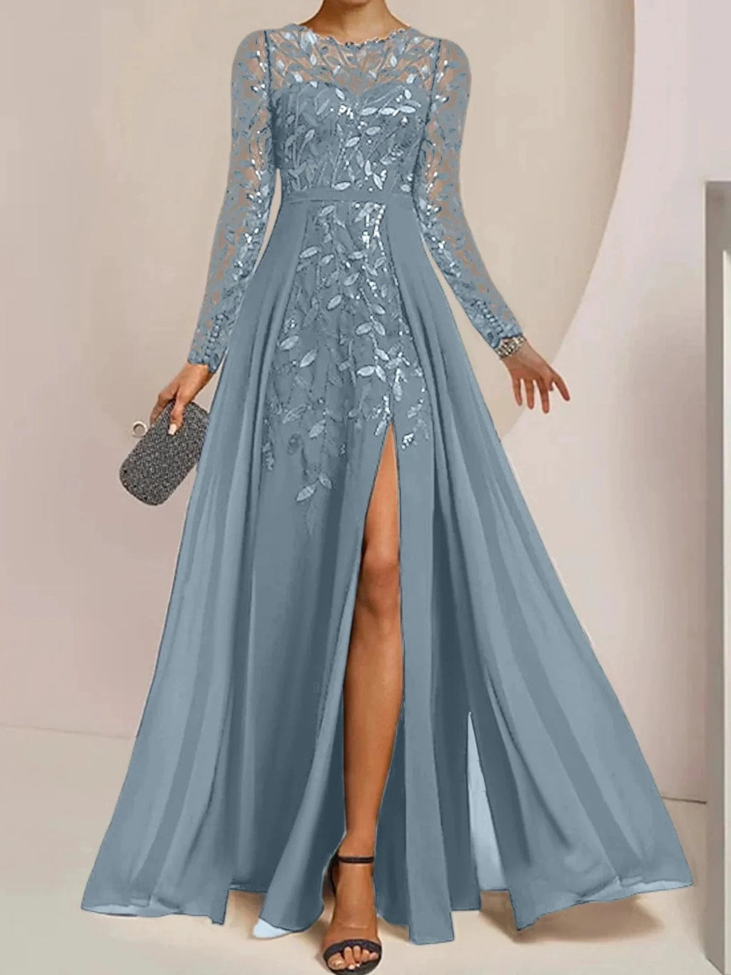 A-Line/Princess Scoop Floor-Length Mother of the Bride Dresses with Split Side Ruffles Sequins