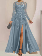 A-Line/Princess Scoop Floor-Length Mother of the Bride Dresses with Split Side Ruffles Sequins