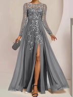 A-Line/Princess Scoop Floor-Length Mother of the Bride Dresses with Split Side Ruffles Sequins