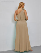 Ruffled One Shoulder Sleeveless Long Bridesmaid Dresses A-line Formal Evening Gown Side Split 28080