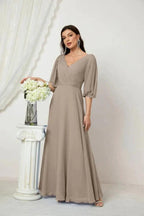 Numbersea  Formal Prom Gown Women V-Neck Chiffon Bridesmaid Dresses Long Bishop Sleeve Party Dress 2807
