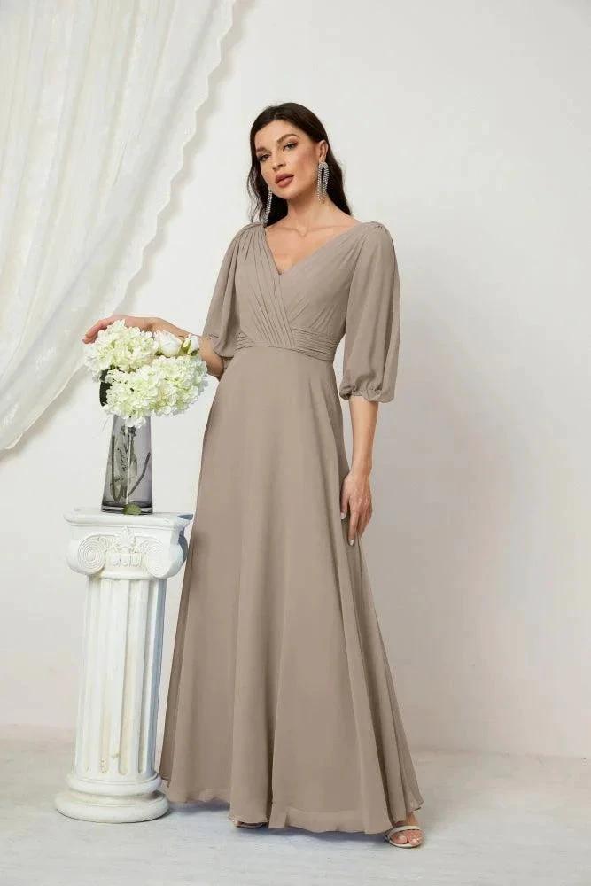 Numbersea  Formal Prom Gown Women V-Neck Chiffon Bridesmaid Dresses Long Bishop Sleeve Party Dress 2807