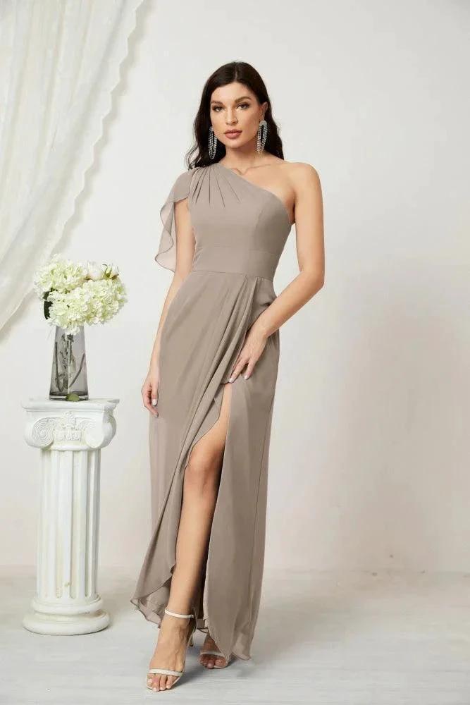 Numbersea  Chiffon Ruffled One Shoulder Long Bridesmaid Dresses A-line Formal Evening Gown Side Split 2809