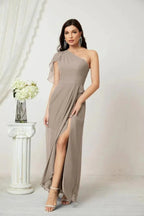 Numbersea  Chiffon Ruffled One Shoulder Long Bridesmaid Dresses A-line Formal Evening Gown Side Split 2809